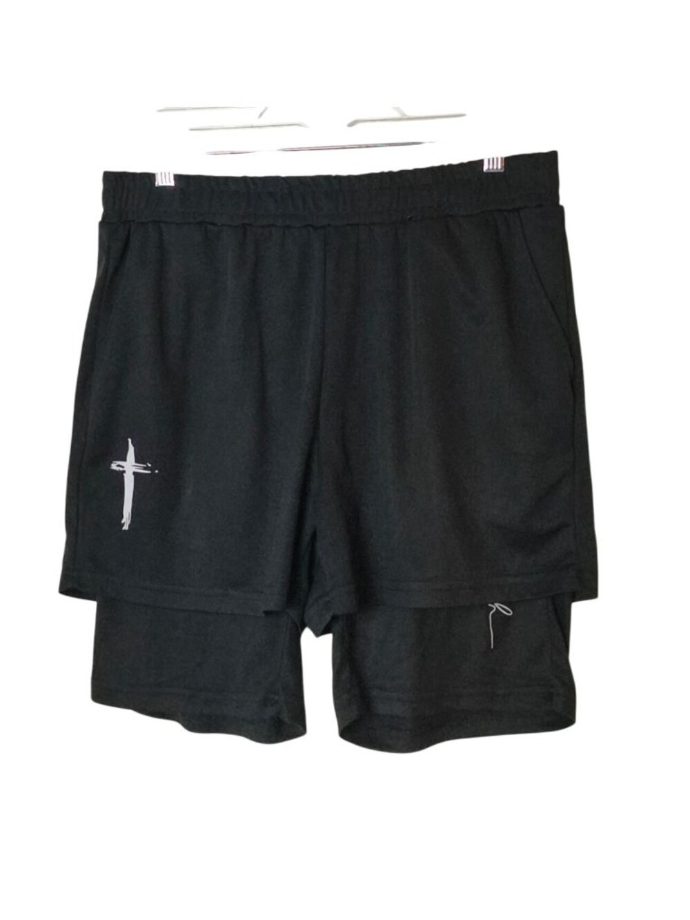 Faith Womens L 2N1 Athletic Shorts Black Pockets Elastic Cross Graphic NOTW